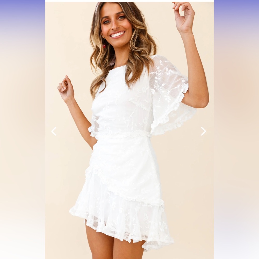 Selfie Leslie Leona Half Sleeve Frill Trim Dress Leaf Embroidered White